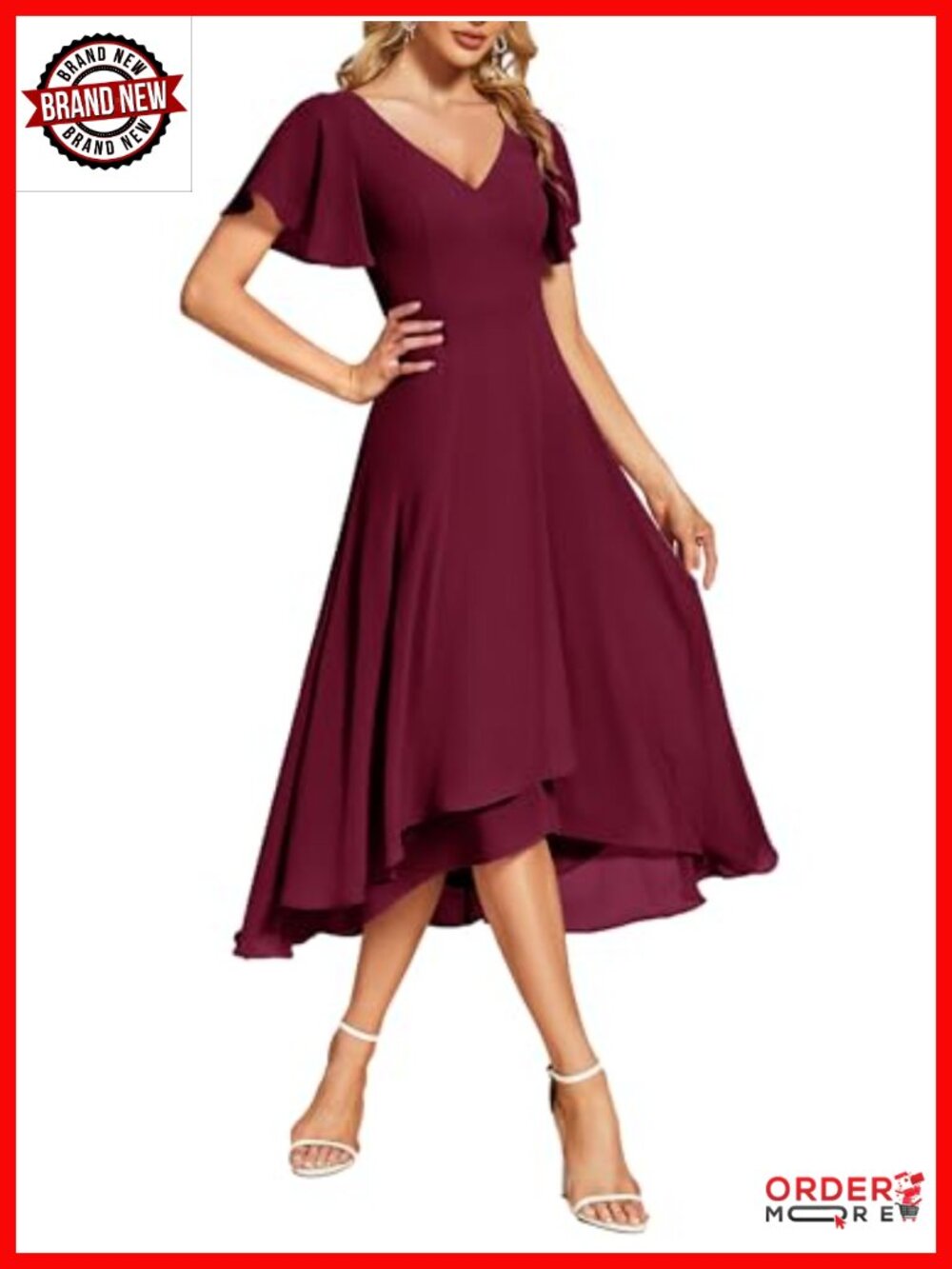 Elegant Chiffon V-Neck Flowy Midi Cocktail Dress - Picture 1 of 6